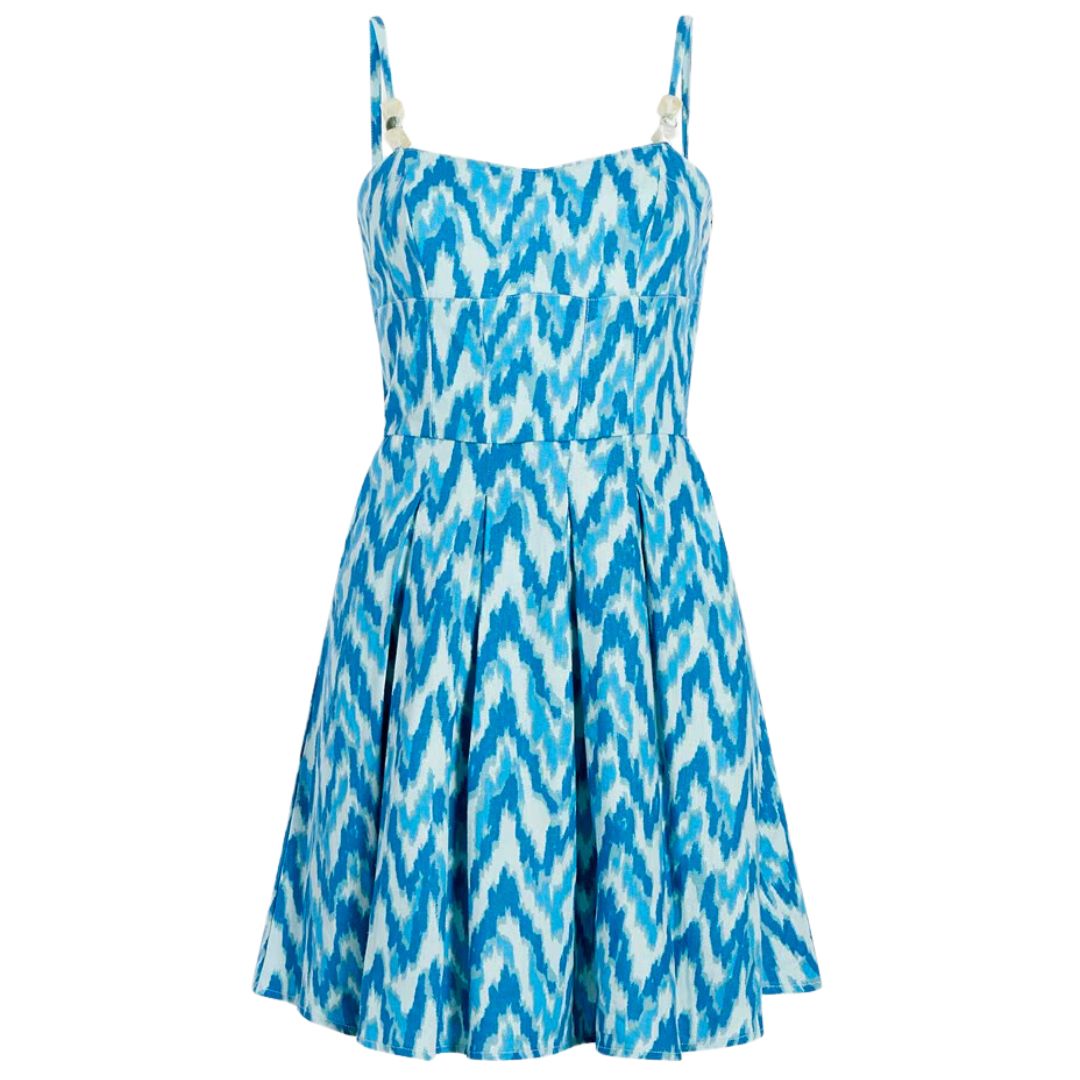 teal blue and white patterned dress