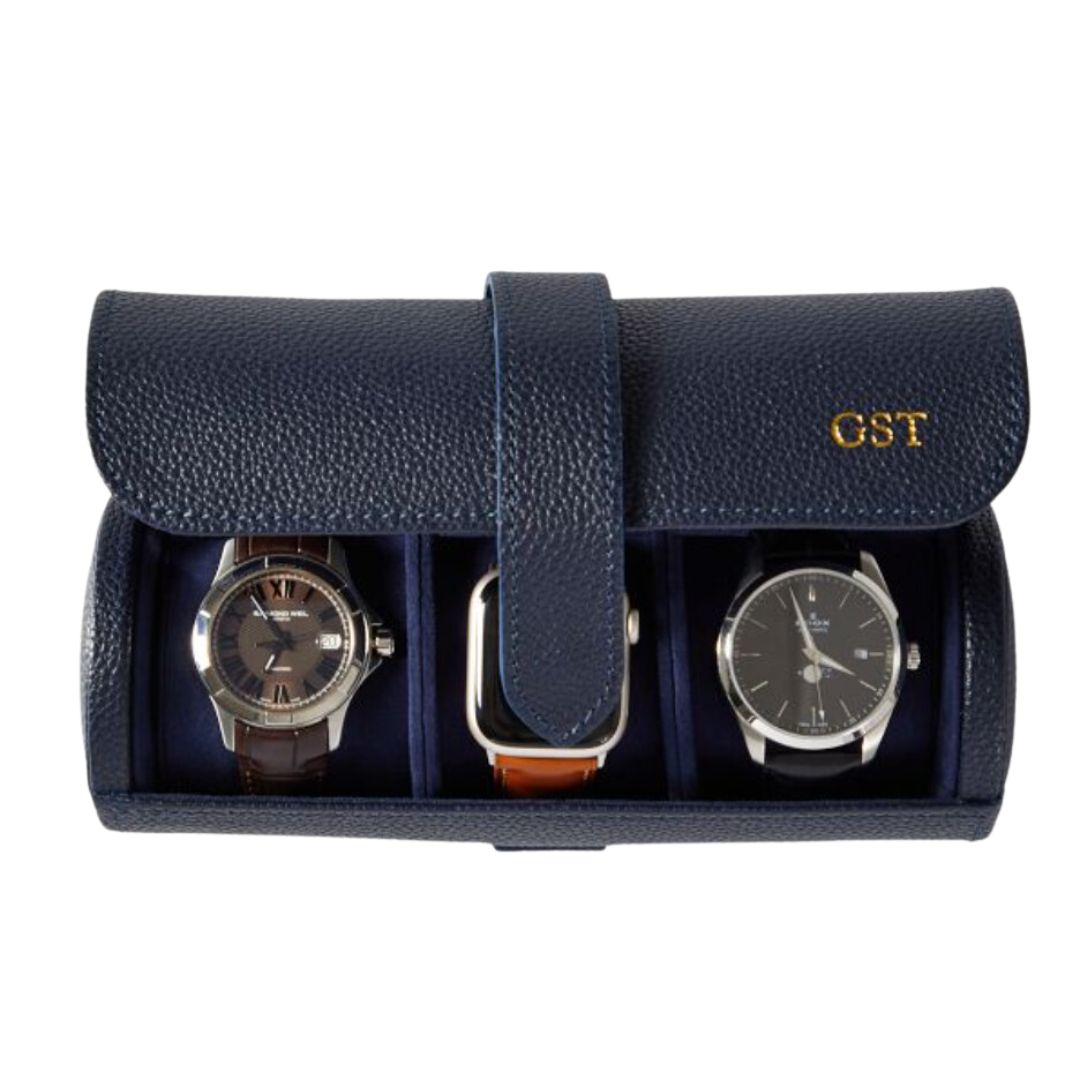 navy leather watch travel case - mark and graham